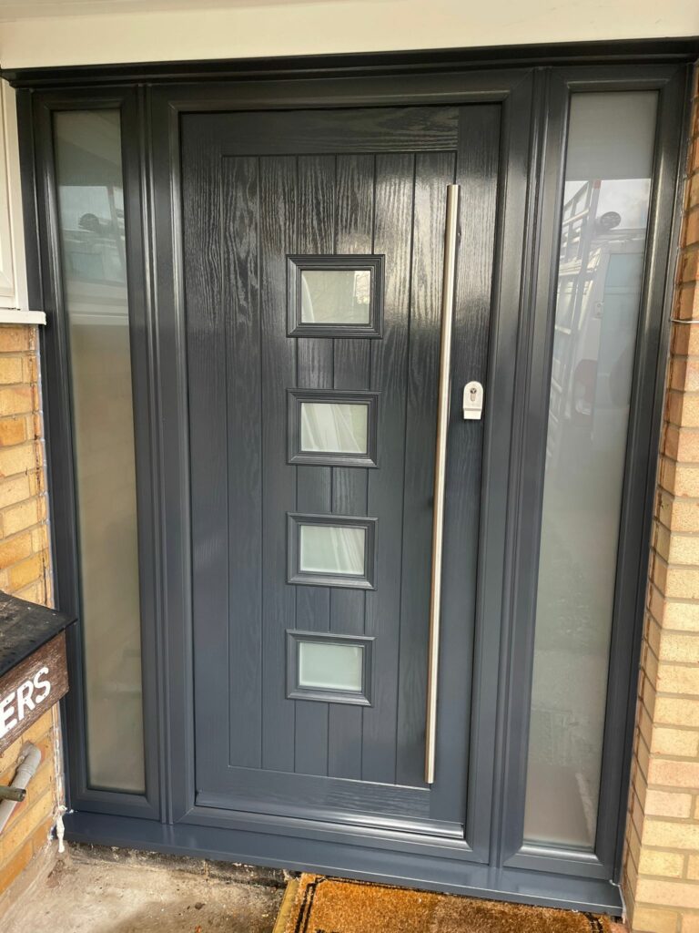 Upgrade to anthracite composite door with side lights attached. Slam shut locking system with an 1800mm stainless steel pull handle.